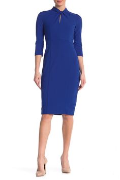 A sheath dress features a cutout mock neck with a twist for ultimate sophistication. Fit: this style fits true to size. Keyhole mock neck. 3/4 length sleeves. Back zip closure. Crepe fabrication. Unlined. Approx. 40" length (size 2). Imported Fitted Career Dress With 3/4 Sleeves, Formal Stretch Midi Dress With 3/4 Sleeve, Spring Bodycon Dress With Straight Neckline For Work, Bodycon Midi Dress With 3/4 Sleeve, Three Quarter Sleeve Dresses, Work Dresses, Dress Pin, Midi Sheath Dress, Wear To Work