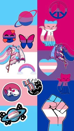 various stickers with different colors and designs on them, including an image of a hand holding