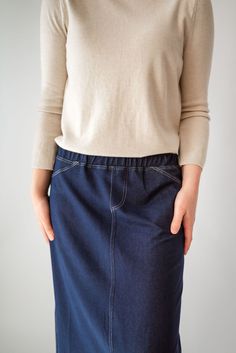 With the look of real denim but the feel of soft knit, comfort is the key element in our Caroline skirt. The quick, effortless pull-on style makes this skirt an effortless option for every day. Larger waist-size? The elastic waistband gives stretch without feeling bulky. A skirt like this will take you through the day, from grocery shopping to making dinner, or even a quick coffee shop visit for a chat with a friend over lattes! This skirt has become a best-seller. Style: elastic waist, soft knit fabric, functioning back pockets Color: navy denim Fabric content: 65% Cotton, 30% Polyester, 5% Spandex Care instructions: wash gentle cycle, cold; lay flat to dry, cool iron if needed. Our sizing is always approximate and can also vary due to personal preference and body shape. Please allow a 1" Casual Stretch Dark Wash Skirt, Fall Stretch Medium Wash Skirt, Casual Stretch Denim Skirt In Denim Blue, Casual Medium Wash Stretch Skirt, Casual Stretch Denim Skirt, Fitted Denim Skirt With Elastic Waistband, Casual Denim Blue Skirt For Everyday, Casual Medium Wash Denim Skirt With Elastic Waistband, Casual Dark Wash Skirt For Everyday