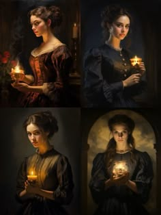 four paintings of women holding candles in their hands