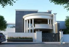 a car is parked in front of a large building with columns on the side and a circular entrance