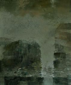 an abstract painting with black and white colors on the water, in shades of gray