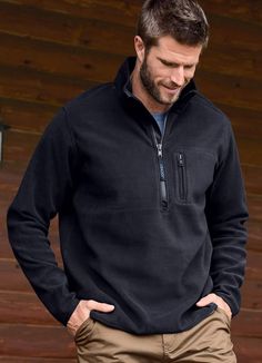 When it's time to layer up, the Jockey® Outdoors Fleece Half Zip adds the perfect mix of warmth and versatility. This plush fleece half zip is insulated and water repellent to help keep you toasty and protected when you're out in the elements. Mixing durability and style, this half zip can be worn open for a casual feel or zipped up for extra warmth on cold days. The stretch cuffs and hem provide a comfortable fit and added insulation. Keep your phone, keys, and more handy and secure in the ches Mens Outfits Sweatshirt, Mens Sport Outfits, Eddie Bauer Mens Outfits, Black Half-zip Outdoor Fleece Jacket, Black Half-zip Fleece Jacket For Outdoor, Outdoor Half-zip Fleece Jacket, Half-zip Fleece Jacket For Outdoor Activities, Half-zip Fleece Jacket For Outdoor, Mens Overshirt Outfit