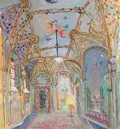 a painting of an ornate building with arches and pillars, painted in pastel colors