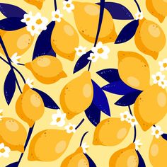 a bunch of yellow lemons with blue leaves and white flowers on a yellow background