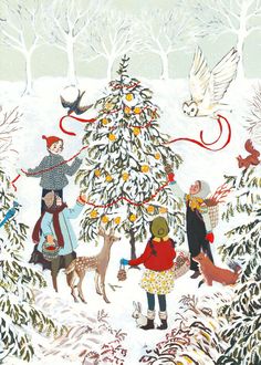 children are decorating a christmas tree in the snow with birds and other holiday decorations