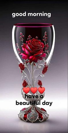 a glass vase with roses and hearts on it, says good morning have a beautiful day