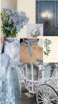 a collage of blue and white images with flowers in a vase, an antique carriage, a chandelier