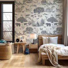 a bed room with a neatly made bed next to a window and a basket on the floor