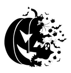 a black and white silhouette of a pumpkin with bats coming out of it's mouth