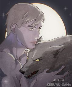 a man holding a wolf in front of the moon with his face close to him