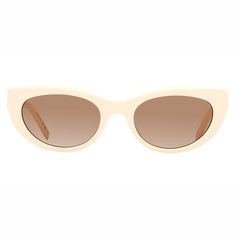 a pair of white sunglasses with brown lenses on the top and bottom, in front of a