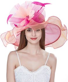 PRICES MAY VARY. Multiple Uses Design --- 1. Wide brim ruffles organza flower kentucky derby church hat. 2. The flower can be removed on the hat, it is fancy flower fascinator with hair clip. 3. A perfect choice for gift, party, decorations and bridal fascinator Material & Size --- Made in Organza, UV 50+. Foldable elegant derby hat allows you carry it wherever you want to, quite soft and comfortable. One size: Hat circumference: 21.26~22.83 inch / 54-58cm, wide brim that is 5.1 inchs/13cm all t Spring Pink Fascinator With Curved Brim, Wide Brim Pink Sinamay Hat, Pink Wide Brim Sinamay Fascinator, Pink Curved Brim Hat For Events, Pink Elegant Flat Brim Fascinator, Organza Wedding, Bridal Fascinator, Flower Fascinator, Wedding Tea