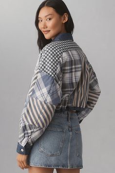 From holy-grail tees and perfectly fitted jeans to laidback dresses, PILCRO is on everyone’s most-wanted-wardrobe list. | Patchwork Jacket by Pilcro in Blue, Women's, Size: XL, Cotton at Anthropologie Upholstery Fabric Clothes, Line Shirts Women, Upcycled Jean Jacket, Patchwork Jackets For Women, Wardrobe List, Boyfriend Denim Jacket, Patchwork Denim Jacket