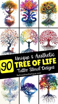 the tree of life tattoo design is shown in nine different colors and sizes, with text overlay that reads unique & aesthetic tree of life tattoo designs