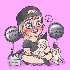 a drawing of a woman holding two puppies and balloons with the words happy b - day on them