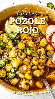 chicken pozole rojo in a bowl with a spoon