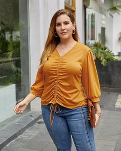 Casual Ruched Blouse For Fall, Women Fashion Plus Size, Corduroy Top, Peasant Sleeve, Lace Sleeve Top, Confident Style, Plain Tops, Fashion Plus Size, Look Chic