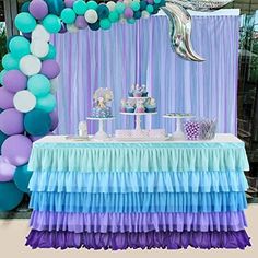 the table is set up with balloons, cake and desserts for a mermaid themed birthday party