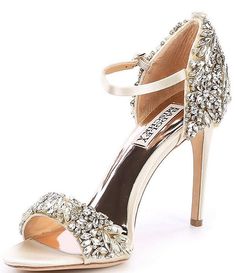 Badgley Mischka Tampa Jeweled Satin Dress Sandals | Dillard's Badgley Mischka Heels, Bride Wedding Shoes Heels, Wedding Shoes Bride Heels, Badgley Mischka Bridal Shoes, Bridal Sandals Heels, Cruise Clothes, Badgley Mischka Bridal, Bride Heels, Ball Ideas