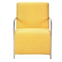 a yellow chair sitting on top of a white floor next to a metal leg rest