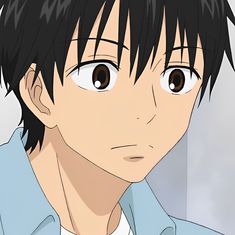 an anime character with black hair and brown eyes looking at the camera while wearing a blue shirt