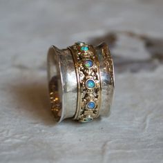 Silver gold wedding band, spinner ring, opal ring, boho chic ring, gypsy ring, hippie ring, twotone ring, floral - New beginnings 2 R1149XZ Silver Gold Wedding, Hippie Ring, Rings Boho, January Birthstone Rings, Hippie Rings, Geode Earrings, Ring Opal, Gold And Silver Rings, Bohemian Rings