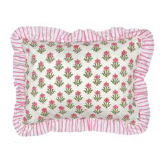 a pink and white pillow with cactus print on the front, striped ruffled edge