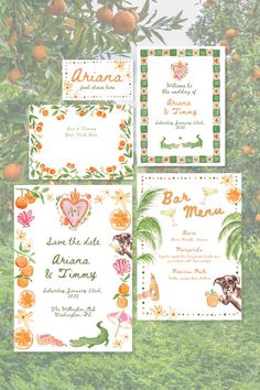 Colorful Wedding Stationery Suite with Couples Logo and Pet illustrations by Ofelia Botella Studio Wedding Graphic Design, Tropical Illustration, Summer Wedding Invitations, Wedding Stationery Suite, Spanish Wedding, Stationery Packaging, Branding Design Packaging, Wedding Stationery Design