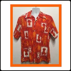 "Vintage 1960s/70s tiki bark cloth cotton Hawaiian shirt by Hukilau Fashions The bark cloth cotton shirt has a tropical abstract pineapple design made up of images of vibrant orange, yellow and white. The shirt has a pointed collar, a five button down front, short sleeves and one patch pocket. The label states Fashion By Hukilau Fashions Honolulu The shirt is in good vintage condition.  MEASUREMENTS: (All measurements were taken lying flat) Shoulders -18'' (measured on back of the shirt from seam to seam) 23\" (measured from pit to pit) Sleeve- 10\"  (measured from shoulder to cuff) Sleeve- 6\" (measured from pit to cuff) Length - 31\" (measured on back of shirt from top of collar to the bottom hem)" Retro Orange Printed Shirt, Orange Retro Print Summer Shirt, Summer Orange Shirt With Retro Print, Red Retro Hawaiian Shirt For Vacation, Retro Red Hawaiian Shirt For Vacation, Retro Orange Top For Vacation, Vintage Cotton Hawaiian Shirt With Tropical Print, Vintage Retro Print Shirt For Vacation, Orange Cotton Camp Shirt For Vacation