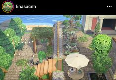 an artist's rendering of a garden with patio furniture and umbrellas in the foreground