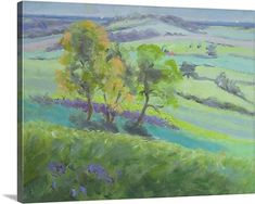 an oil painting of trees on a hill with rolling hills in the distance and blue flowers