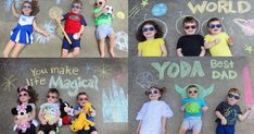 four pictures of children with chalk drawings on the sidewalk and in front of them are disney characters