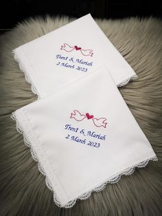 Personalized Embroidered handkerchiefs make the perfect gift for any occasion. No matter what is the occasion -  A truly elegant gift for a Weddings, bridal shower, Anniversary, Birthday, Mothers Day Gift, Father's day, baptism or Christmas. This is a premium quality cotton Hankie with lace (30 cm x 30 cm ) Please choose your preferred Writing Color thread and Design from the drop box menu. Set of 2 handkerchiefs come individually packaged in a clear poly bag include white gift box with matching ribbon, front fold flap provides a secure closure( 5 x 4.5 inch) Please leave us a note with the info below when you place your order. *Couple names *Date We will send you the layout for confirmation before proceed. White Handkerchiefs With Embroidered Text For Gift, White Handkerchiefs With Embroidered Text As Gift, White Handkerchiefs With Custom Embroidery For Gift, White Embroidered Text Handkerchief Wedding Gift, White Handkerchiefs With Custom Embroidery As Gift, Embroidered White Handkerchief Gift, White Embroidered Handkerchiefs As Gift, White Embroidered Handkerchiefs For Special Events, Personalized White Handkerchiefs For Special Day