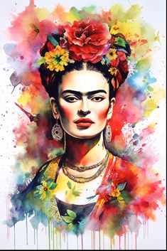 frida portrait with watercolor splashs and flowers in her hair, painted on white paper