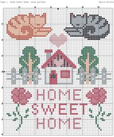 a cross stitch pattern with two cats and a house on it, the words home sweet home