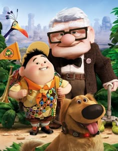 an animated movie poster with two people and a dog