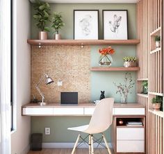 a white chair sitting in front of a desk