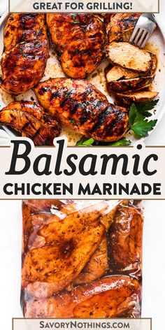 two different types of grilled chicken on a white plate with the title balsamic chicken marinade