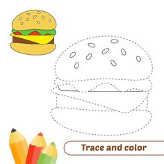 a hamburger and colored pencils to be colored, the coloring book for preschool children