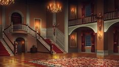 a large room with stairs, chandeliers and rugs on the wooden floor