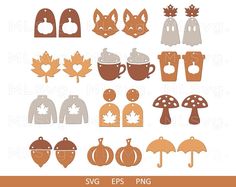 autumn clipart set with pumpkins, mushrooms and leaves in brown tones on white background