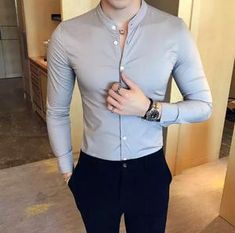 Stretch Business Casual Shirt, Modern Fitted Solid Color Shirt, Modern Fitted Solid Shirt, Formal Gray Fitted Shirt, Formal Fitted Gray Shirt, Gray Fitted Formal Shirt, Formal Stretch Shirt For Summer, Fitted Tops For Business In Spring, Fitted Long Sleeve Gray Shirt