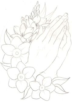 a drawing of hands and flowers on a white background