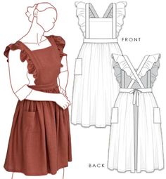 a woman's dress with ruffles and straps on the shoulders, front and back