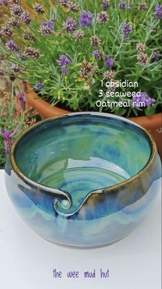 a blue bowl sitting on top of a white table next to purple and green plants