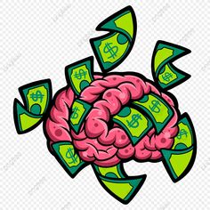 a cartoon brain with money coming out of it's center and arrows around it