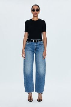 Wes High Rise Barrel - Spectacle Spectacles, Medium Blue, Capsule Wardrobe, Stretch Denim, Barrel, Vintage Inspired, Full Length, High Rise, Shop Now