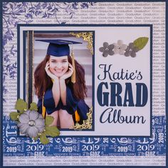 a graduation card with a graduate's cap and flowers on the front, in blue and white