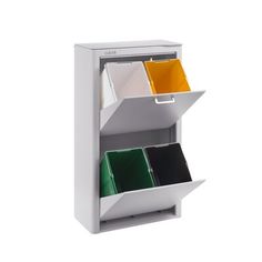 a white cabinet with three bins and two file cabinets on the bottom one is filled with folders